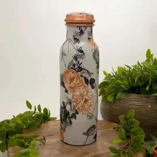 Puur koperen waterfles bloemenprint wit ± 950 ml (zware uitvoering)